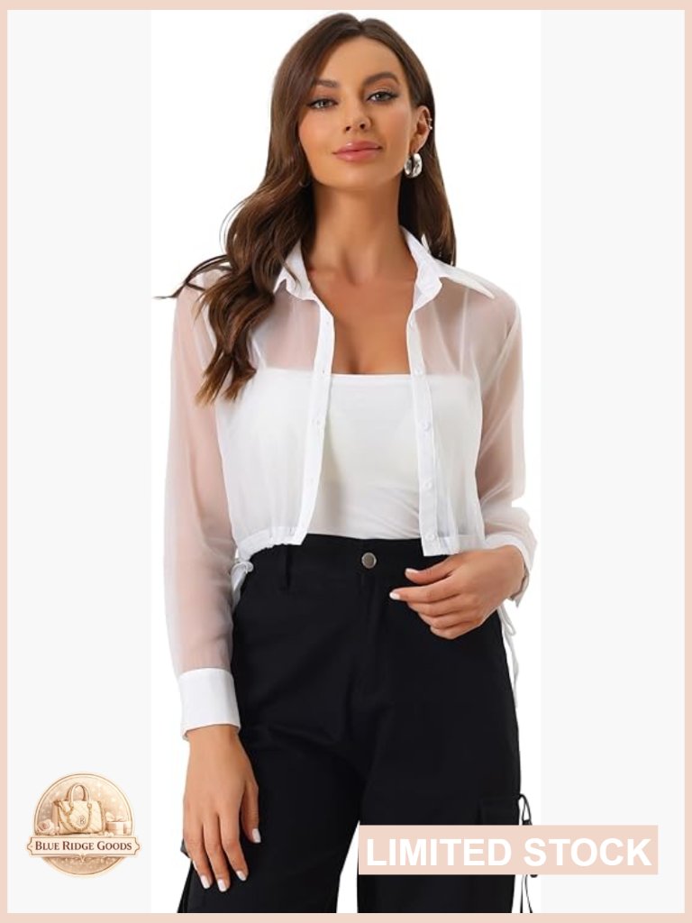 Sheer Mesh Cropped Jacket Long Sleeve Button Down Drawstring Hem Y2k Chic